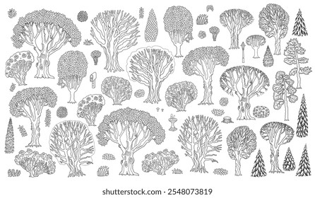 Conjunto de Vector de árboles dibujados a mano, arbustos con flores, plantas de hoja perenne. Boceto de doodle blanco y negro para libro para colorear