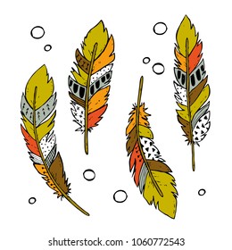 Vector set of hand drawn tribal feathers