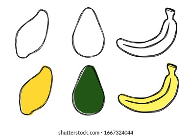 Vector set of hand drawn tropical fruits: mango, avocado and banana. Outline and colored in misprint style version. Line art illustration