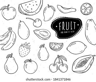 Vector set of hand drawn tropical fruits illustration for farm product restaurant menu, market label. Mango, strawberry, watermelon, banana, pear and etc.