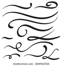Vector set of hand drawn underline and swoosh. Black scribble brush strokes collection. Felt tip brush smears stripe.