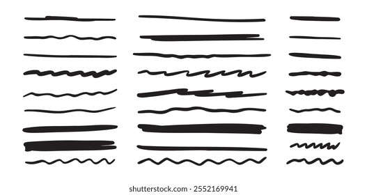 Conjunto vetorial de sublinhado desenhado à mão. Linhas de rabiscar definidas. Ilustração vetorial