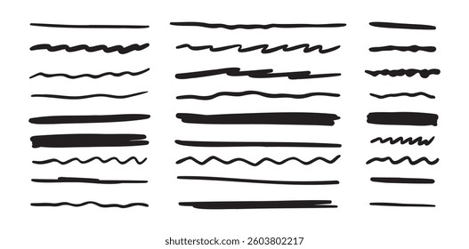Vector set of hand drawn underline. Doodle lines set. Vector illustration