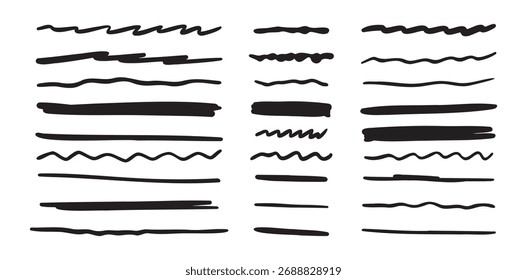 Vektorsatz mit handgezeichneter Unterstreichung. Doodle-Linien eingestellt. Vektorgrafik