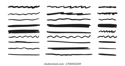 Conjunto vetorial de sublinhado desenhado à mão. Linhas de rabiscar definidas. Ilustração vetorial