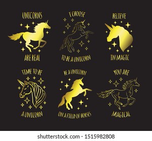 Vector set of hand drawn unicorn silhouette quotes isolated on black background. Lettering illustrations bundle with stars and glitter