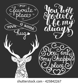 Vector set of hand drawn unique typography design elements for romantic greeting cards, decoration, prints and posters. Modern ink brush calligraphy. Handwritten lettering.