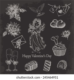 Vector set of hand drawn valentine's day collection on dark background. Vector illustration for your design