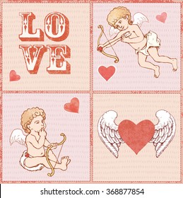 Vector set: hand drawn Valentines day elements, angels and winged heart on pink background