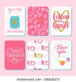 Vector set of hand drawn of Valentine's Day greeting cards. Great print for invitations, posters, tags. I love you. You are my sunshine. Festive banners in flat cartoon style, vintage colors