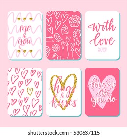 Vector set of hand drawn of Valentine's Day greeting cards. Great print for invitations, posters, tags. With love. Me and You. Hugs and kisses. Festive banners in flat cartoon style, vintage colors