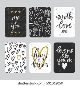 Vector set of hand drawn of Valentine's Day greeting cards. Great print for invitations, posters, tags. With love. Hugs and kisses. Festive banners in flat cartoon style, black and white color