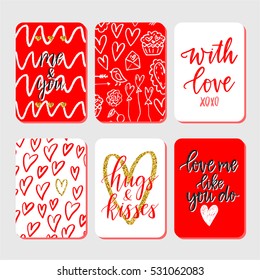 Vector set of hand drawn of Valentine's Day greeting cards. Great print for invitations, posters, tags. With love. Me and You. Hugs and kisses. Festive banners in flat cartoon style, red color