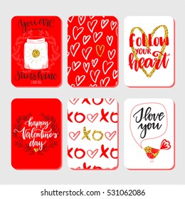 Vector set of hand drawn of Valentine's Day greeting cards. Great print for invitations, posters, tags. I love you. You are my sunshine. Festive banners in flat cartoon style, red color
