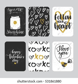 Vector set of hand drawn of Valentine's Day greeting cards. Great print for invitations, posters, tags. I love you. You are my sunshine. Festive banners in flat cartoon style, black and white color