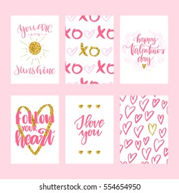 Vector set of hand drawn of Valentine's Day greeting cards. Great print for invitations, posters, tags. I love you. Follow your heart. Festive banners in flat cartoon style,pink, golden glitter colors