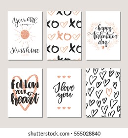 Vector set of hand drawn of Valentine's Day greeting cards. Great print for invitations, posters, tags. I love you. Follow your heart. Festive banners in flat cartoon style, rose gold color