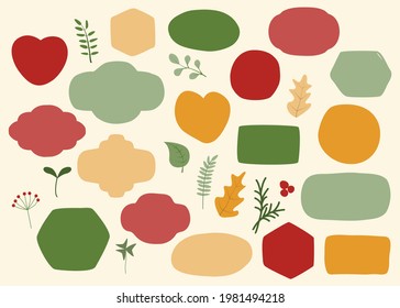 Vector set of hand drawn various shapes and decor elements in autumn colors. Collection of isolated hearts, banners, circles, leaves etc. For labels, tags or stamps and badges, cards, stickers.