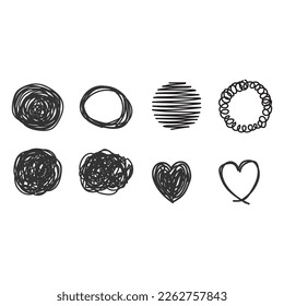 Vector set of hand drawn various shapes and decor elements Collection of isolated hearts, banners, circles, leaves etc. For labels, tags or stamps and badges, cards, stickers