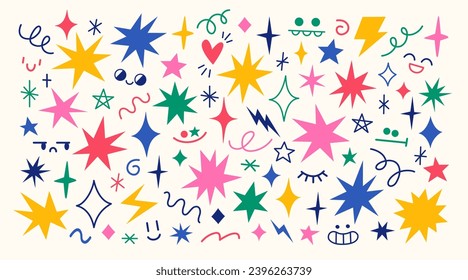 Vector set of hand drawn various colorful funny stars, sparks, wave shapes and comic creatures faces. Cute doodle design elements.