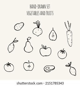 Vector set of hand drawn vegetables and fruits in doodle style. For kitchen, packaging design, template labels, concerning nutrition and vegetarian.