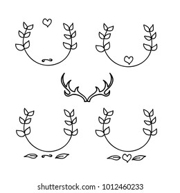 Vector set of hand drawn vintage four wreaths with hearts, leaves and deer antler. Rustic decorative vector design set. Doodle design