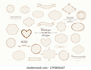 El vector establece etiquetas a mano, etiquetas vintage y marcos en estilo retro. insignias aisladas o lotipos establecidos. Diversos elementos de diseño para carteles comerciales o logos, etiquetas, insignias, etiquetas o sellos.