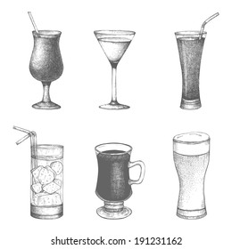 Vector set of hand drawn vintage cocktails and drinks isolated on white background.