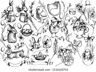 Vector set of hand drawn Vintage Easter illustrations.  Happy Easter outline retro images. Rabbits and chickens, willow branches, eggs in basket, royal crown and elements. Line art design.