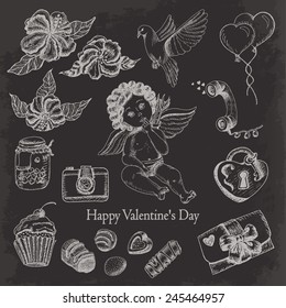 Vector set of hand drawn vintage valentine's day collection on dark background. 