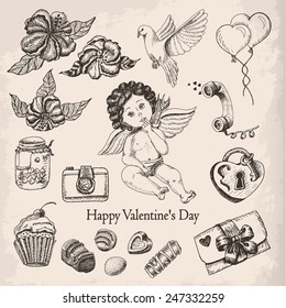 Vector set  of hand drawn vintage valentine's day collection. Vector illustration for your design