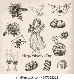 Vector set of hand drawn vintage valentine's day collection. Vector illustration for your design