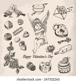Vector set of hand drawn vintage valentine's day collection. Vector illustration for your design