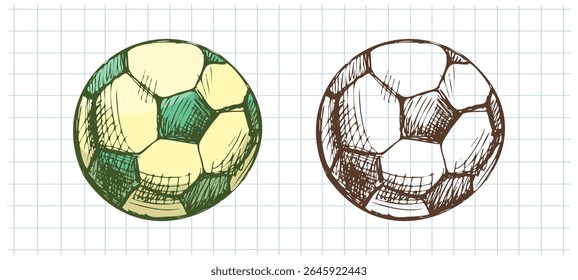 Vector set of hand drawn vintage soccer ball illustrations in color and monochrome on grid notebook background. Perfect for school, sport or education-themed projects.