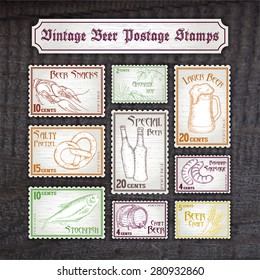 vector set of hand drawn vintage postage stamps on wooden desk