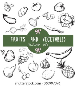 Vector set of hand drawn vintage fresh fruits and vegetables