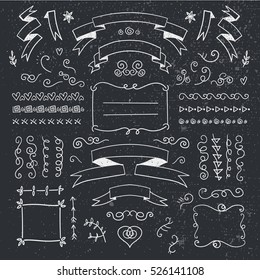 Vector set of hand drawn vintage dividers, frames, flowers, ribbons. Black and white. Use as decoration for cards, invitations, banners, ad, cover.