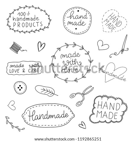 Vector set of Hand drawn Vintage badges and labels. Handmade, workshop, graphic elements. 