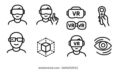 Conjunto vetorial de realidade virtual desenhada à mão e ícones de realidade aumentada em estilo de doodle monocromático