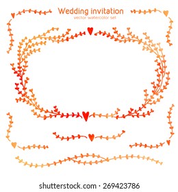 Vector set of hand drawn watercolor elements for wedding invitations and valentine's day cards - hearts, twigs, branches, borders, frames, etc.