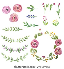 Vector Set Of Hand Drawn Watercolor Floral Elements For Design