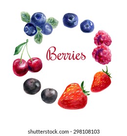 Vector set of hand drawn watercolor berries. Cherry, raspberry, strawberry, acai, blueberry. Isolated objects on white background for menu and recipe design.