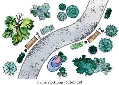 Vector set of hand drawn watercolor pictorial landscape design elements. Different types of green trees,shrubs,lanterns,benches and snaky sidewalk,isolated on the white background for landscape design