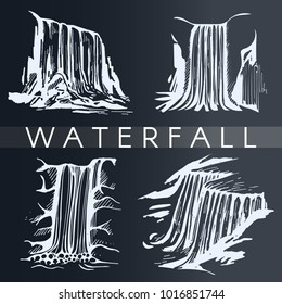 Vector set with hand drawn waterfall on the black background