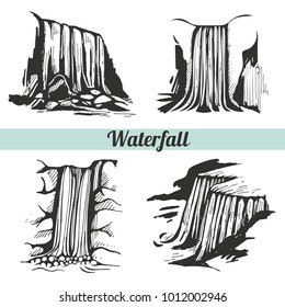 Vector set with hand drawn waterfalls