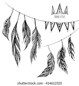 Vector set of hand drawn web design elements in Boho style. Black feathers and ribbons in tribal style on white background