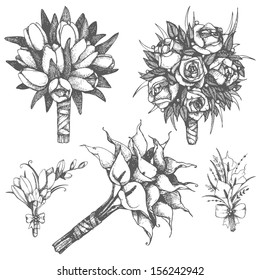 Vector set of  hand drawn wedding bouquets and buttonholes with roses,tulips, calla flowers
