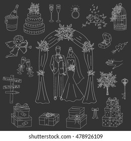 Vector set of hand drawn wedding icons with bride and groom, isolated on black background, doodle sketch illustrations.