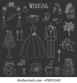 Vector set of hand drawn wedding icons isolated on black background, doodle sketch illustrations.