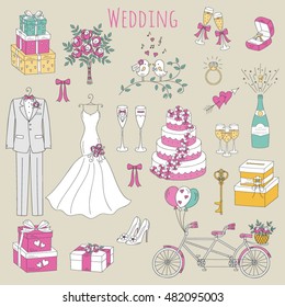 Vector Set Of Hand Drawn Wedding Icons Wedding Dress, Suit, Cake, Bicycle, Bouquet,champagne, Engagement Ring, Gift Box, Birdcage Isolated Doodle Sketch Illustrations.